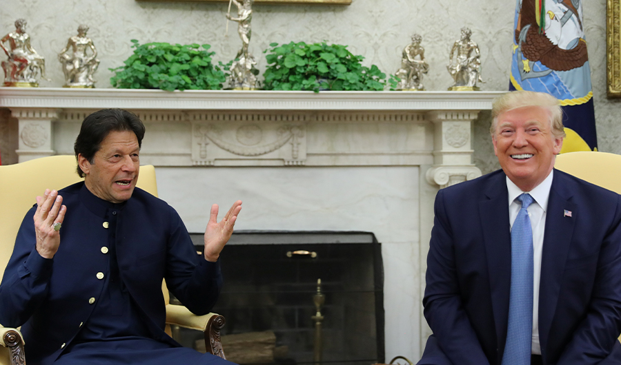 Pakistan's Prime Minister Khan meets with U.S. President Trump in the Oval Office of the White House in Washington
