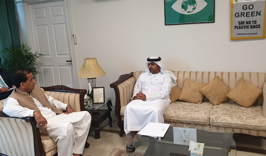 UAE ambassador to Pakistan Hamad Obaid Alzaabi met Advisor to the Prime Minister on climate change Malik Amin Aslam in his office to discuss issues related to climate change and the bilateral collaboration, on July 23, 2019. (Photo Courtesy: Ministry of Climate Change)