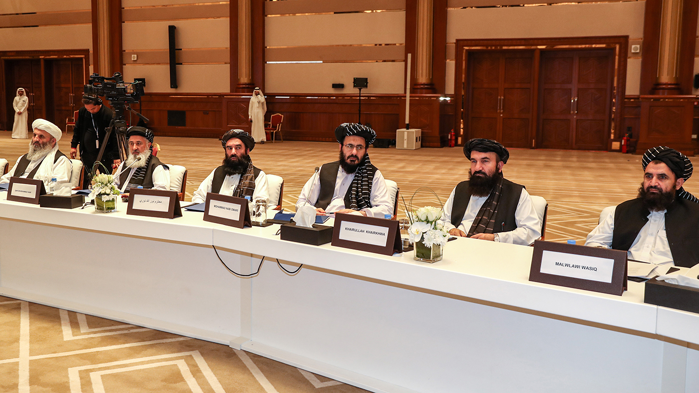 (L to R) Ziaurrahman Madani, Qari Din Mohammad Hanif, Noorullah Noori, Mohammad Nabi Omari, Khairullah Khairkhwa, and Mawlawi Abdul Haq Wasiq attend the Intra Afghan Dialogue talks in the Qatari capital Doha on July 8, 2019. (AFP/File)