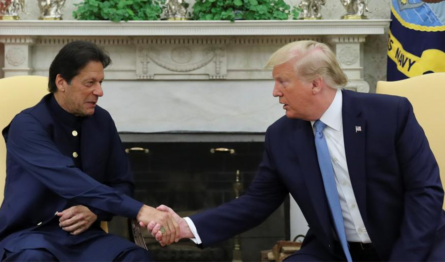 US President Donald Trump greets Pakistan’s Prime Minister Imran Khan in the Oval Office at the White House in Washington, United States, July 22, 2019. (REUTERS)