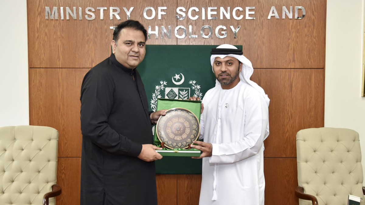 The country’s minister for science and technology, Chaudhary Fawad Hussain, left, emphasized the need to enhance cooperation with the two Gulf states during his meeting with the UAE ambassador, Hamad Obaid Ibrahim Al Zaabi, in Islamabad on Thursday. (Photo courtesy: @pid_gov)