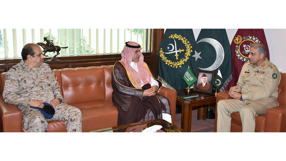 Saudi Arabia’s media minister Turki bin Abdullah Al-Shabanah and Maj. Gen. Talal Abdullah Alotaibi met with Pakistan’s army chief General Qamar Javed Bajwa in Rawalpindi, Pakistan, on July 31, 2019. (Photo courtesy: ISPR)