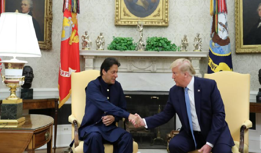 U.S. President Donald Trump greets Pakistan’s Prime Minister Imran Khan in the Oval Office at the White House in Washington, U.S., July 22, 2019. (REUTERS)