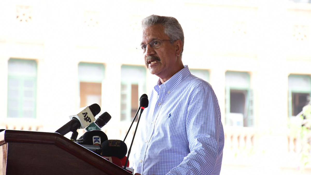 Mayor Karachi Wasim Akhter addresses an audience at the launching ceremony of “Clean Karachi” drive in Karachi on Aug. 4, 2019. (Photo courtesy: PTI)