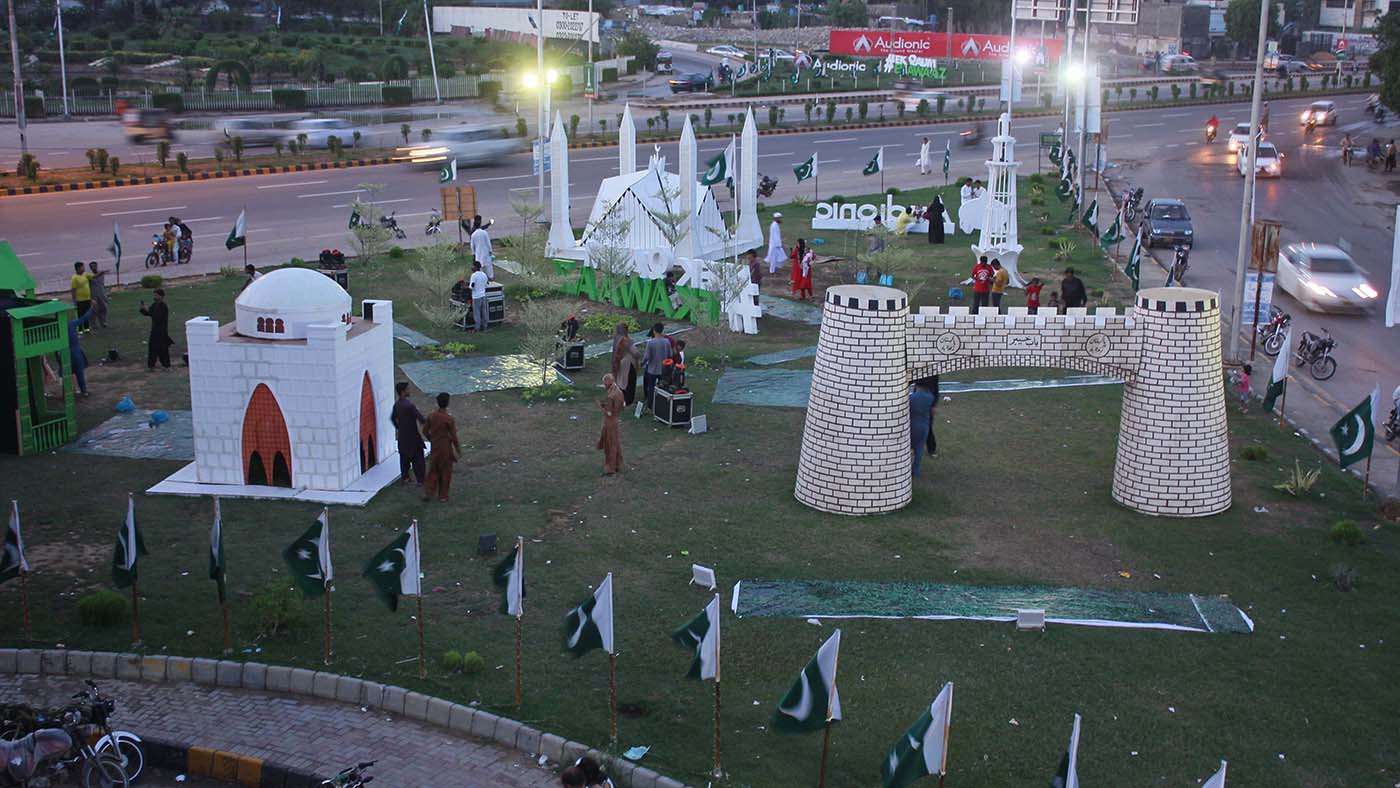 Model of Tome of Qaid-e-Azam (great leader) Muhammad Ali Jinnah, Founder of Pakistan, khyber Pass and Minar-e-Pakistan are displayed in Karachi as part of national independence day celebration. (AN photo)