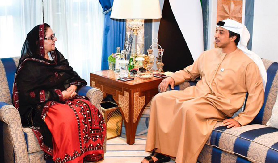 In this photo H.H. Sheikh Mansour Bin Zayed Al Nahyan, Deputy Prime Minister and Minister of Presidential Affairs, meets H.E. Zubaida Jalal, Minister for Defense Production of Pakistan on February 20,2019. (Photo Courtesy UAE Embassy in Islamabad)