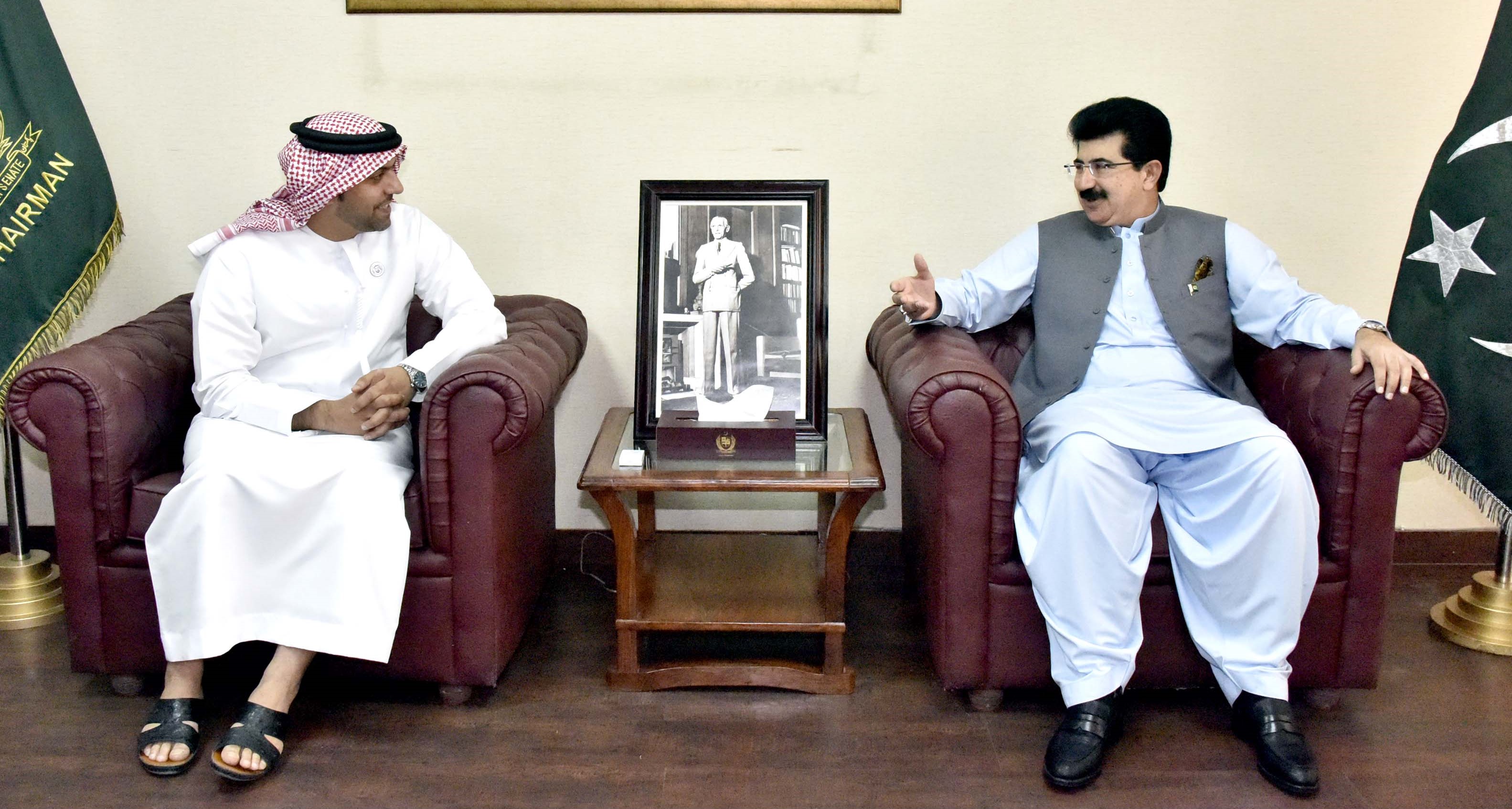 Chairman Senate, Muhammad Sadiq Sanjrani exchanging views with Hamad Obaid Ibrahim Salem Al-Zaabi, Ambassador of UAE at parliament house Islamabad on March 26, 2018 (Source – Senate of Pakistan)