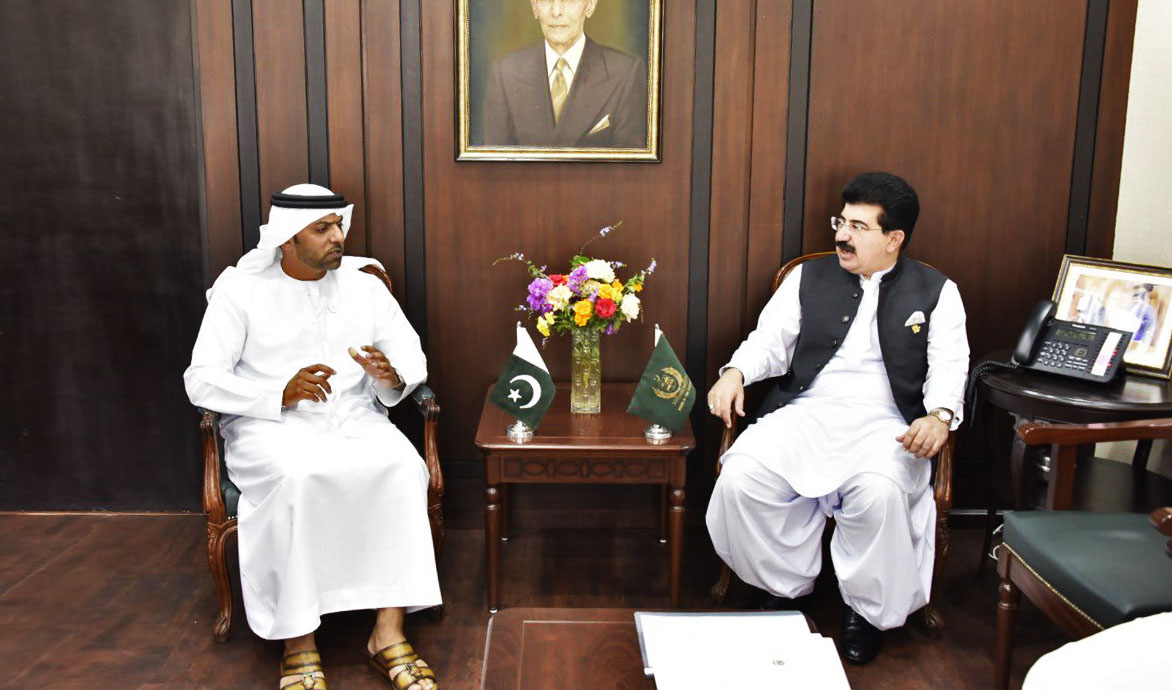 Pakistan’s Senate Chairman Muhammad Sadiq Sanjrani, right, discusses bilateral relations between Pakistan and United Arab Emirates with UAE envoy to Pakistan Hamad Obaid Alzaabi in Islamabad on Aug. 22, 2019. (Photo courtesy: UAE Embassy)