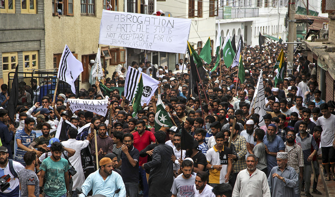 In this file photo, Kashmiri Muslims shout pro-freedom slogans during a protest in Srinagar on Aug. 9, 2019. (AFP)