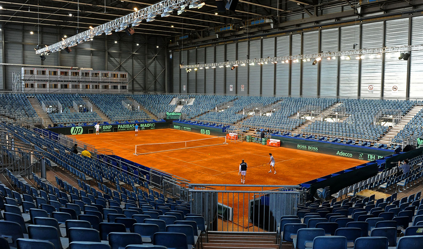 This file photo taken on March 2, 2011 shows a tennis court set up in a 10,000-square-meter hangar at Austria's main airport; where Austria played France in the first round of the 2011 Davis Cup. (AFP)