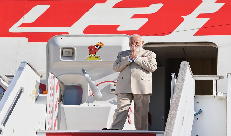 Prime Minister of India Narendra Modi is seen exiting his plane, Air India One, at Charles de Gaulle Airport, Paris, France, on August 22, 2019. (Courtesy Indian PM office)