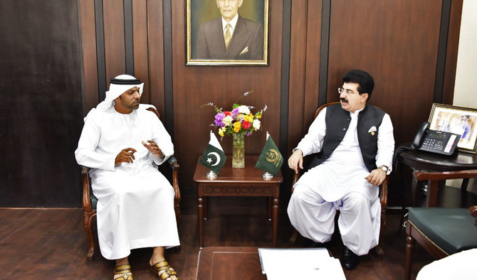 Pakistan’s Senate Chairman Muhammad Sadiq Sanjrani, right, discusses bilateral relations between Pakistan and United Arab Emirates with UAE envoy to Pakistan Hamad Obaid Alzaabi in Islamabad on Aug. 22, 2019. (Photo courtesy: UAE Embassy)