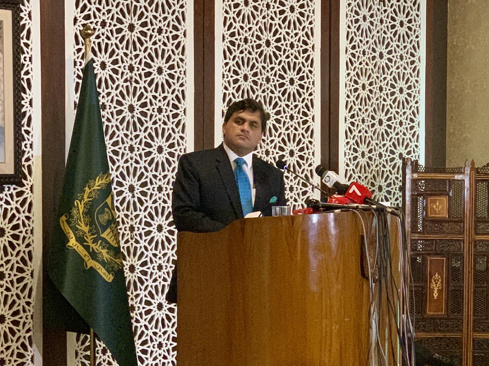 Pakistan Foreign Office Spokesman Dr. Muhammad Faisal is addressing a weekly press briefing in Islamabad on August 29, 2019. (AN Photo)