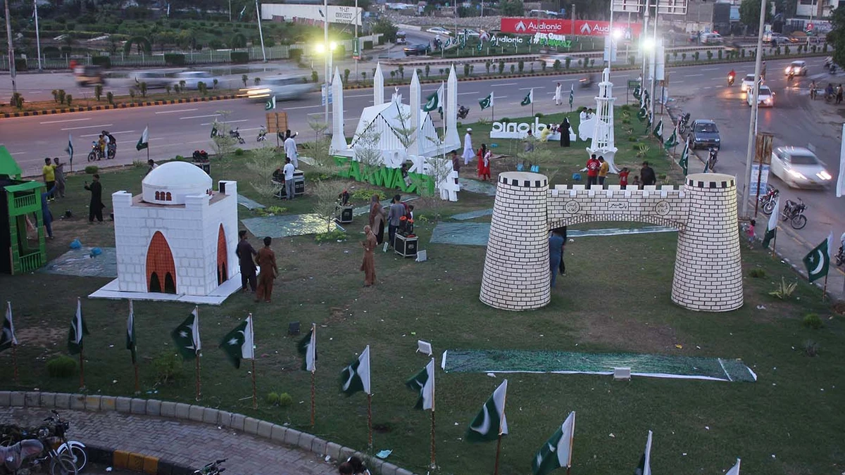 Model of Tome of Qaid-e-Azam (great leader) Muhammad Ali Jinnah, Founder of Pakistan, khyber Pass and Minar-e-Pakistan are displayed in Karachi as part of national independence day celebration. (AN photo)