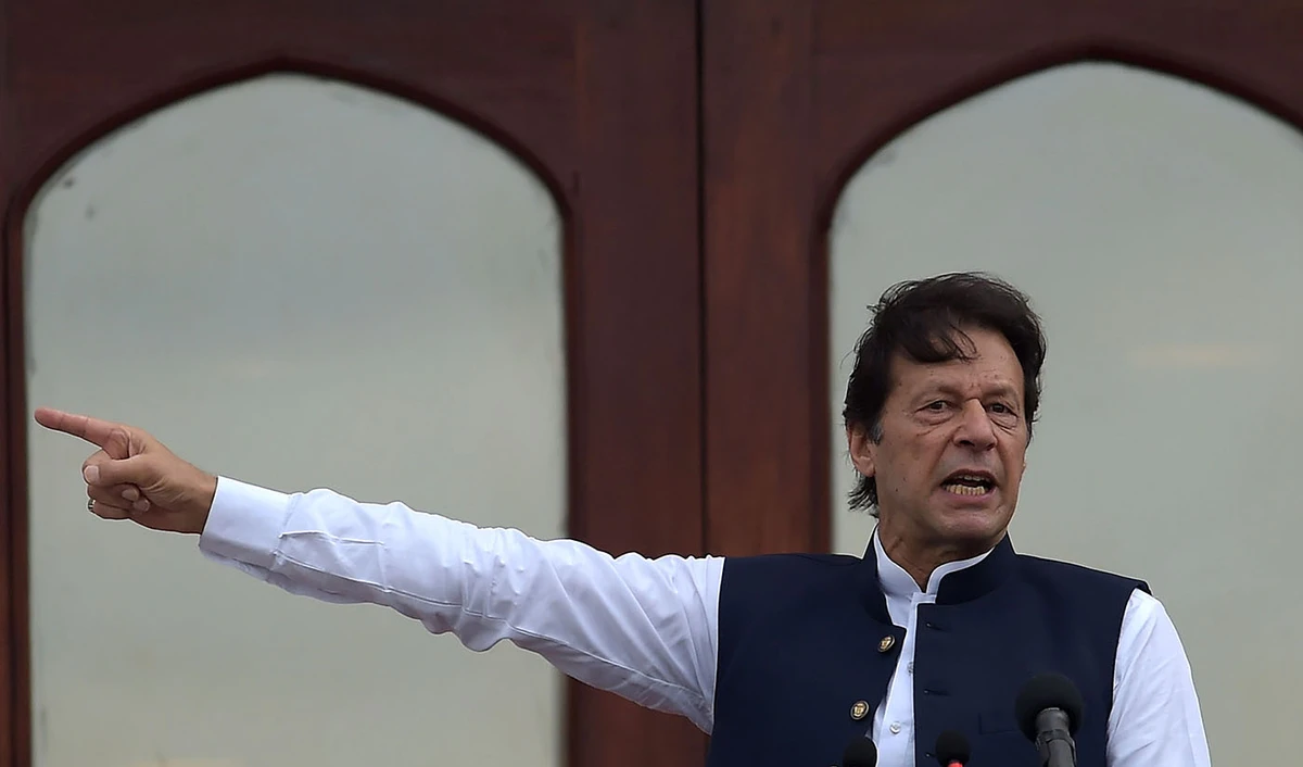 Pakistan's Prime Minister Imran Khan addresses the nation outside the Prime Minister Secretariat building in Islamabad on August 30, 2019. (AFP)