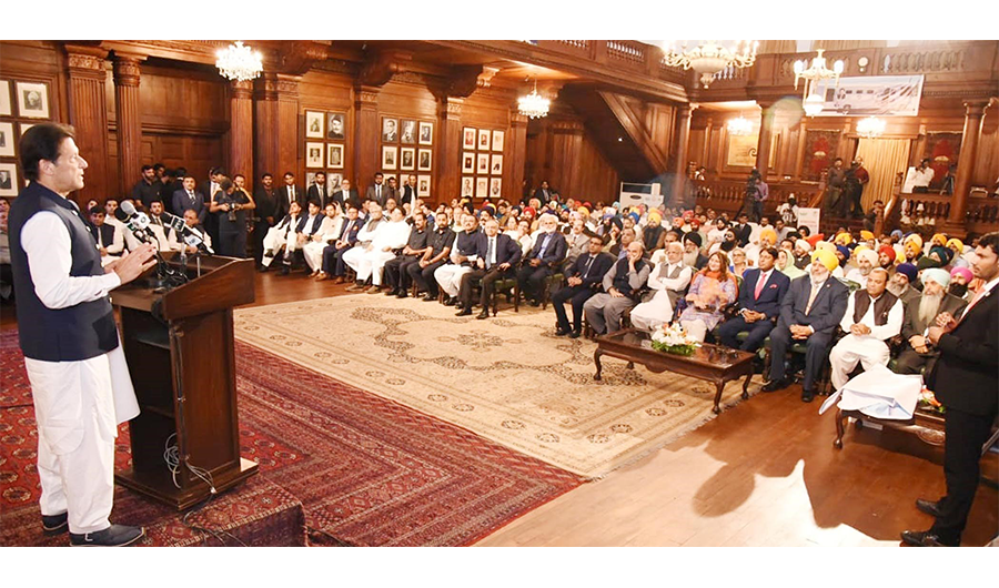 Prime Minister Imran Khan addresses at the International Sikh Convention in Lahore on Sep. 2, 2019. (PID)