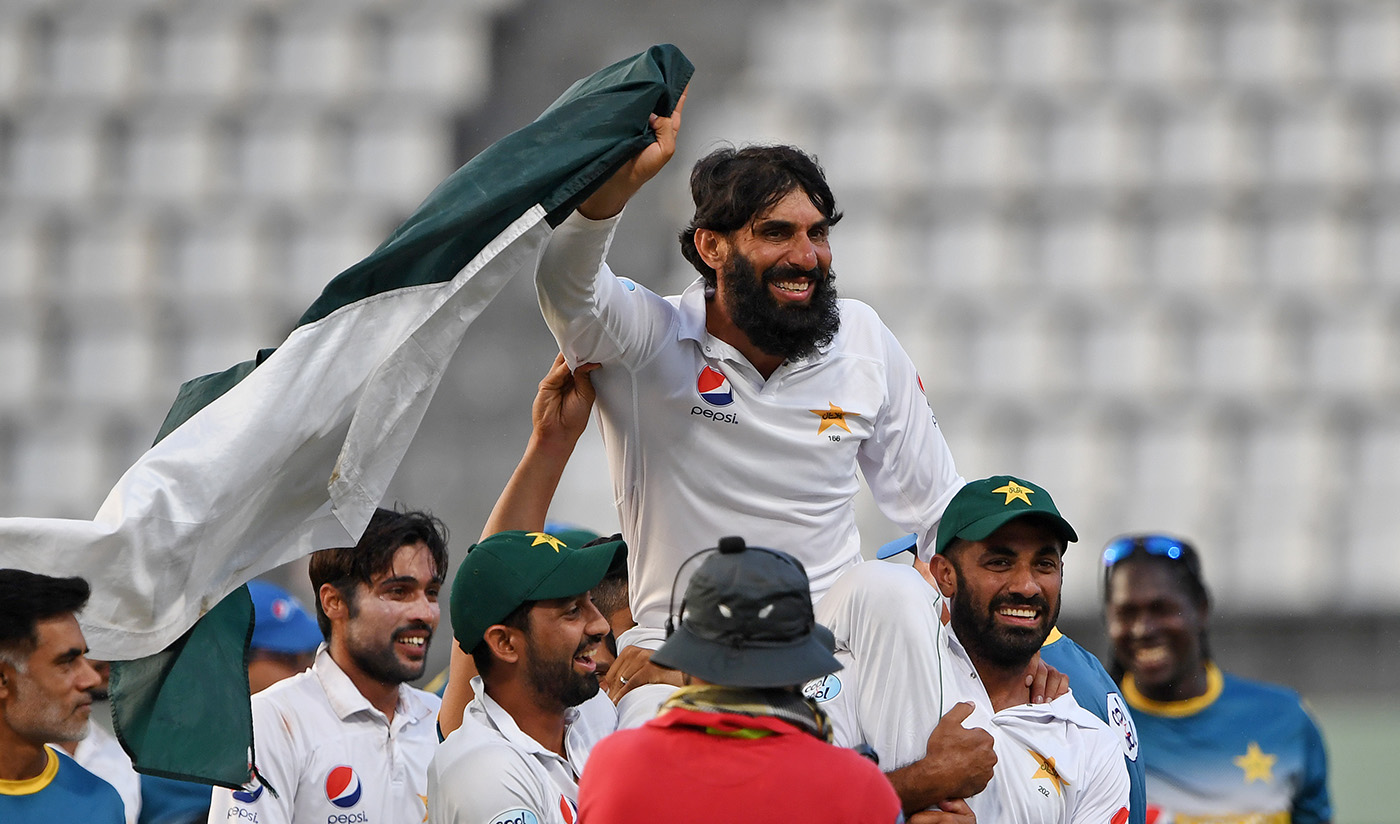 In this file photo, Misbah-ul-Haq is carried by teammates as they celebrate winning the final test match and the series 2-1 against West Indies at the Windsor Park Stadium in Roseau, Dominica on May 14, 2017. (AFP)