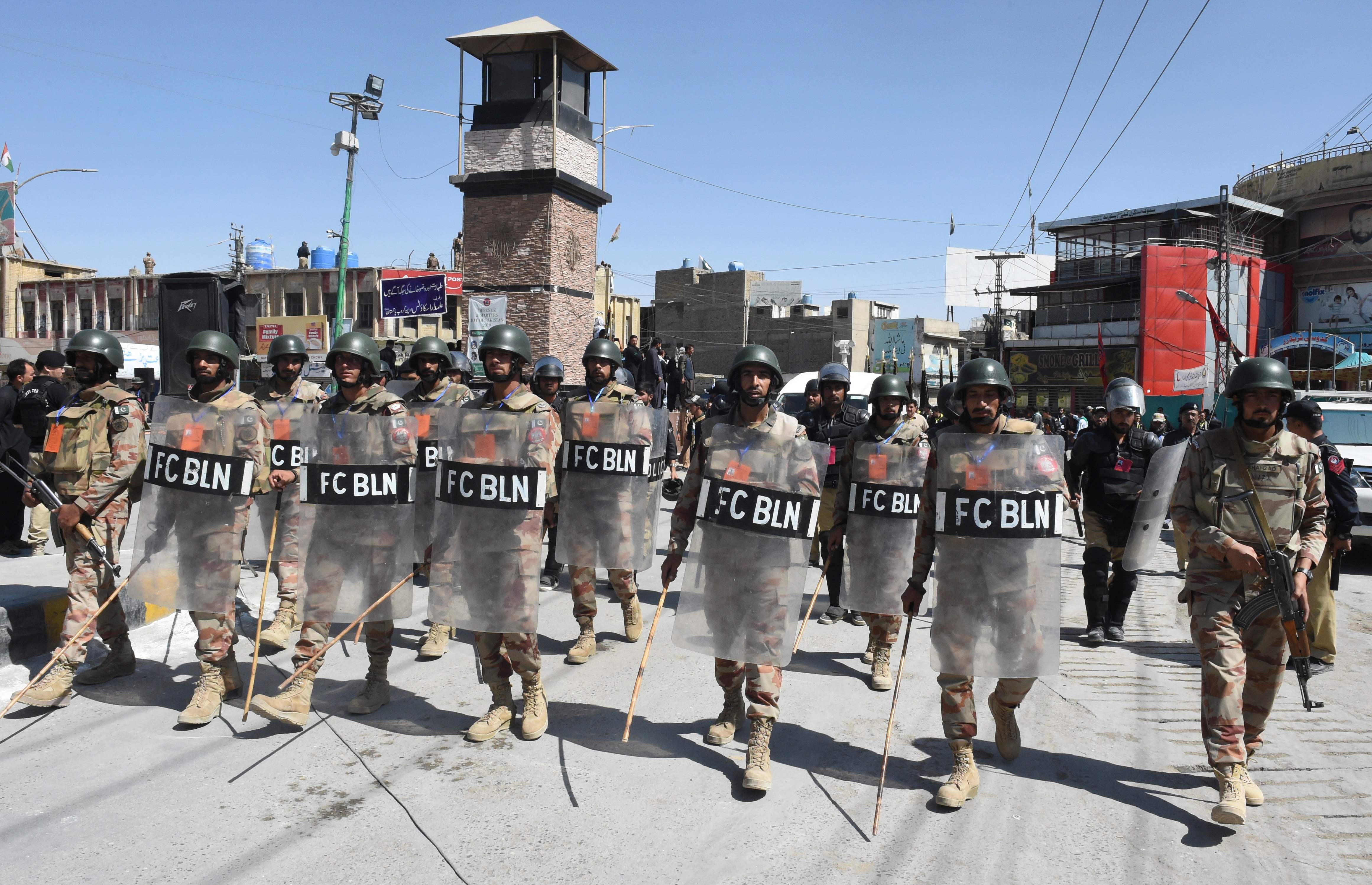 Pakistani rangers patrol as Shiite Muslims march during a procession on the tenth day of Muharram, which marks the day of Ashura, in Quetta on September 10, 2019. (AFP)