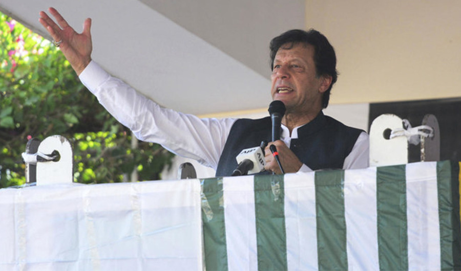 Pakistan's Prime Minister Imran Khan addresses a pro-Kashmir rally in Muzaffarabad, capital of Pakistani Kashmir, Friday, Sept. 13, 2019. (AP)