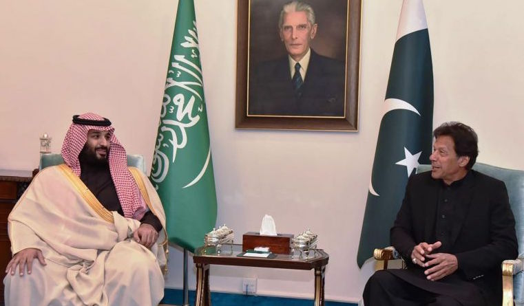 Pakistan's Prime Minister Imran Khan (right) speaks with Crown Prince Mohammed bin Salman at the Prime Minister House upon his arrival in Islamabad on Feb 17, 2019. (File/AFP)