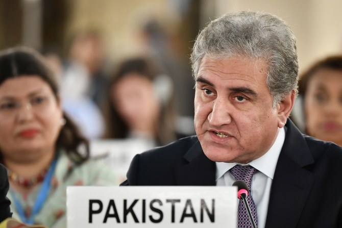 Pakistani Foreign Minister Shah Mehmood Qureshi addresses the United Nations Human Rights Council on September 10, 2019 in Geneva. (AFP)