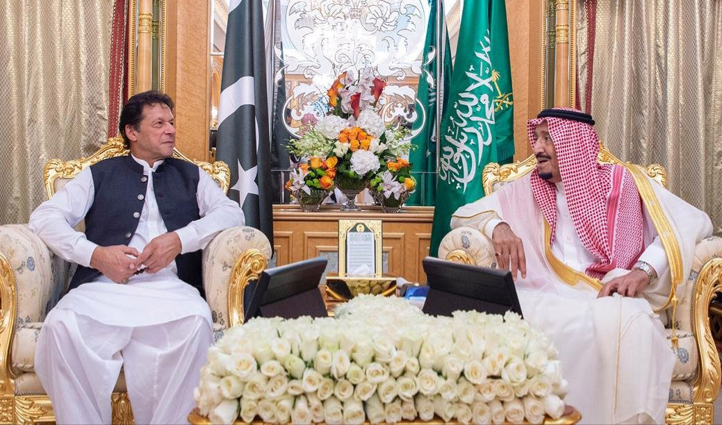 Pakistan's Prime Minister Imran Khan is talking to Saudi King Salman bin Abdulaziz on September 19, 2019. Khan arrived in the Kingdom on a two-day official visit ahead of his trip to New York where he is scheduled to address the United Nations General Assembly later this month. (Photo Courtesy: Consulate General of Pakistan Jeddah)