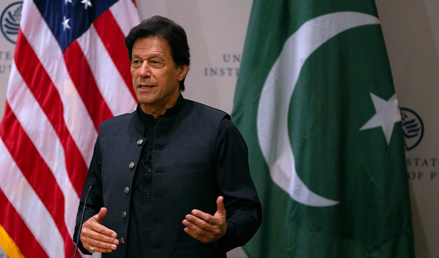 Pakistani Prime Minister Imran Khan speaks at the United States Institute of Peace (USIP) in Washington, DC, on July 23, 2019. AFP
