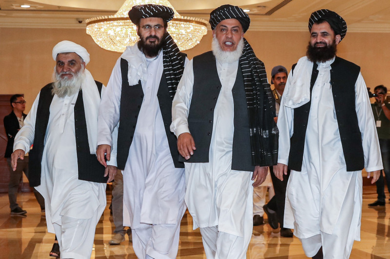 Taliban representatives are pictured during the second day of the Intra-Afghan Peace Conference talks in Doha, Qatar, on July 8. (AFP)