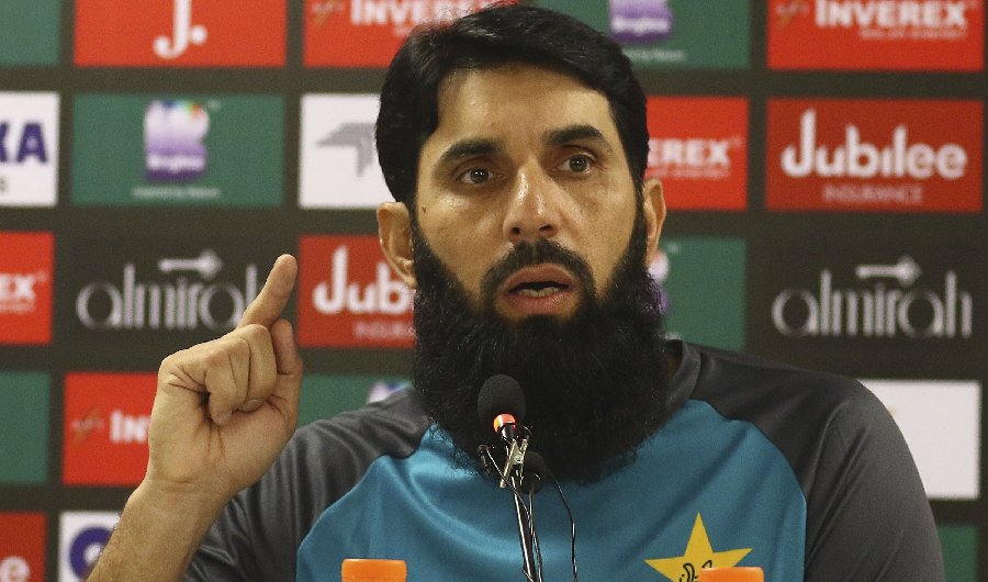Pakistan's head coach and chief selector Misbah-ul-Haq speaks to reporters in Karachi, Pakistan, Wednesday, Sept. 25, 2019. Misbah said Sri Lanka's top players should have come for the limited-overs series in Pakistan after being assured of head-of-state-like security by the government. (AP Photo)