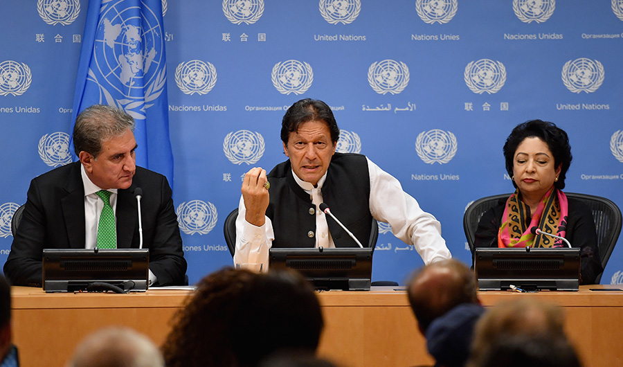 Pakistani Prime Minister Imran Khan speaks during a press conference at the United Nations Headquarters in New York on September 24, 2019. Khan said Tuesday that both the United States and Saudi Arabia asked him to mediate with Iran to defuse tensions. (AFP)