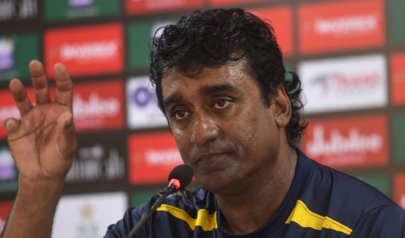 Sri Lanka's cricket team coach Rumesh Ratnayake speaks to media at the National Cricket Stadium in Karachi on Sept. 29, 2019. (AFP)