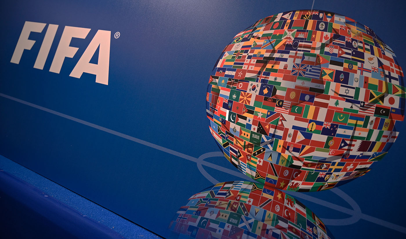 A picture shows the FIFA logo during a press conference held by the president of the football's governing body at the FIFA Executive Football Summit in Istanbul on Feb. 15, 2019. (AFP)