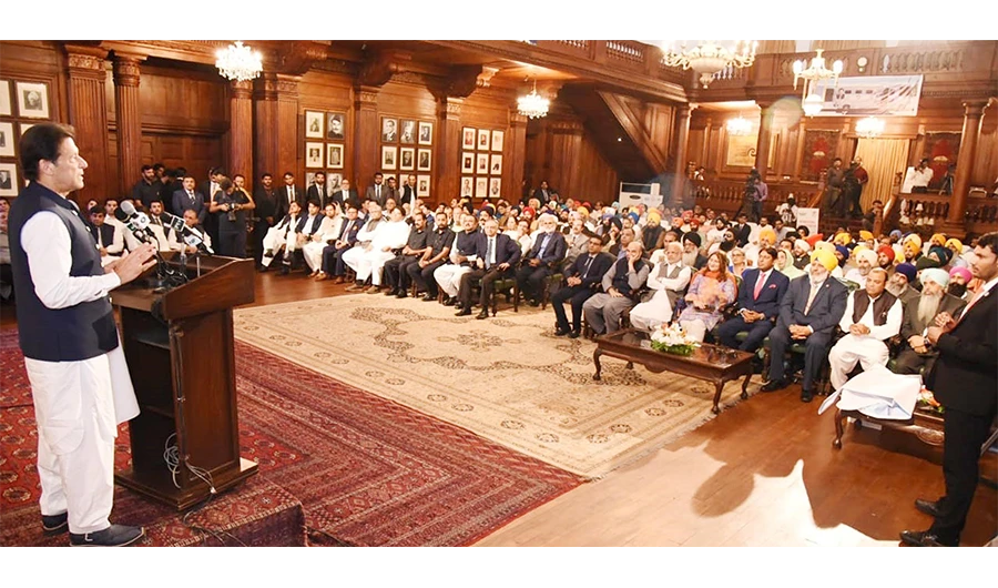 Prime Minister Imran Khan addresses at the International Sikh Convention in Lahore on Sep. 2, 2019. (PID)