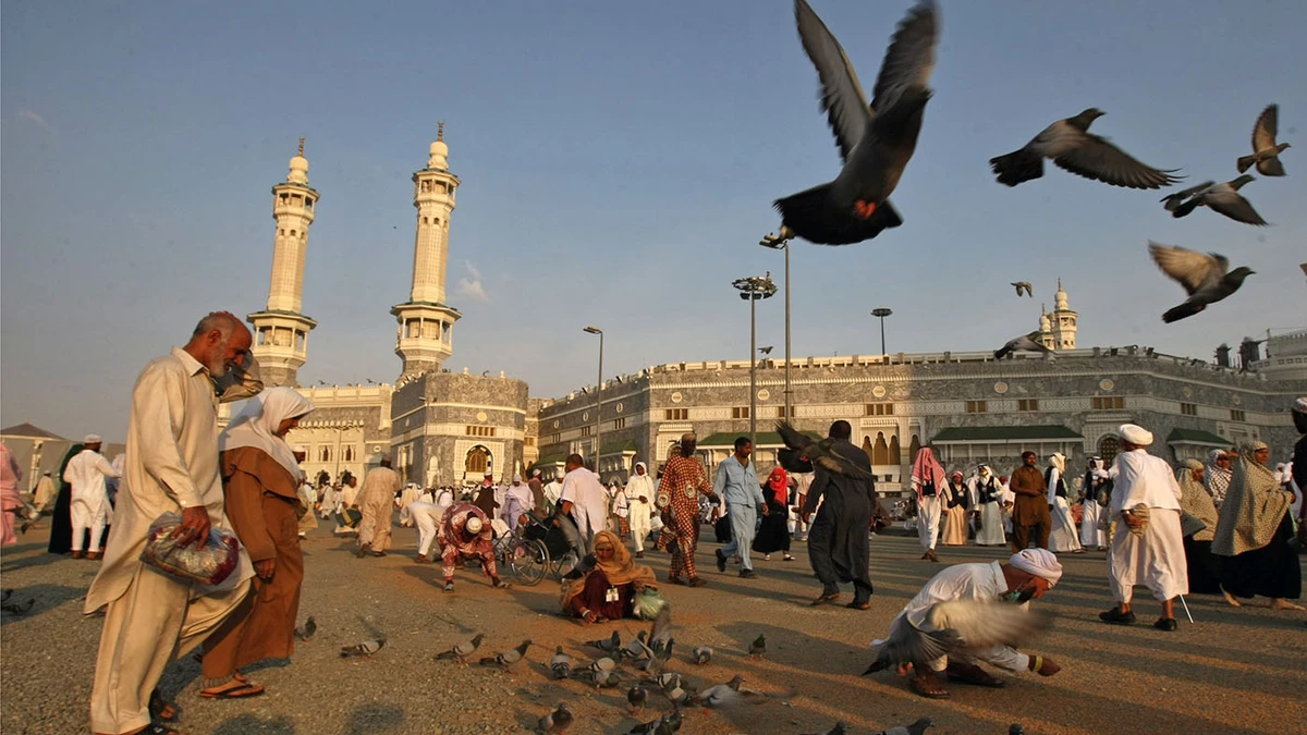 Muslim pilgrims feeding seeds to pigeons outside Masjid Al Haram in Makkah, Saudi Arabia, on Nov. 17, 2009. (AFP)
