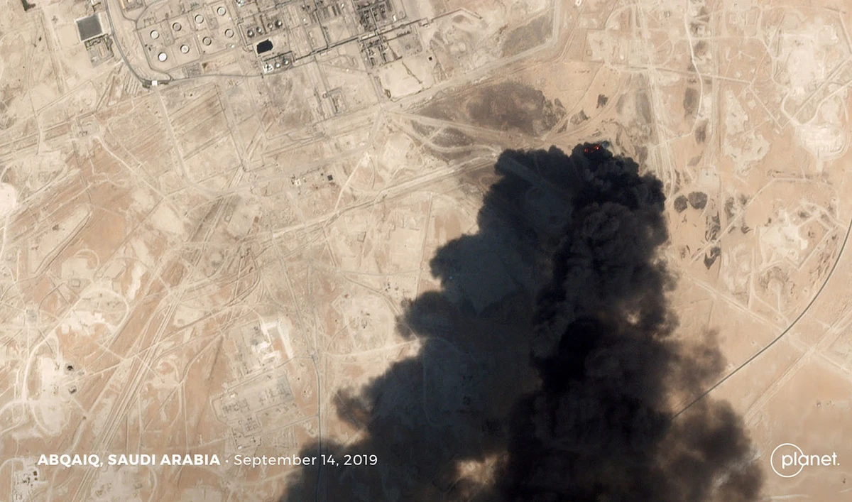 A satellite image shows an apparent drone strike on an Aramco oil facility in Abqaiq, Saudi Arabia, on Sept. 14, 2019. (Planet Labs Inc/Handout via REUTERS)