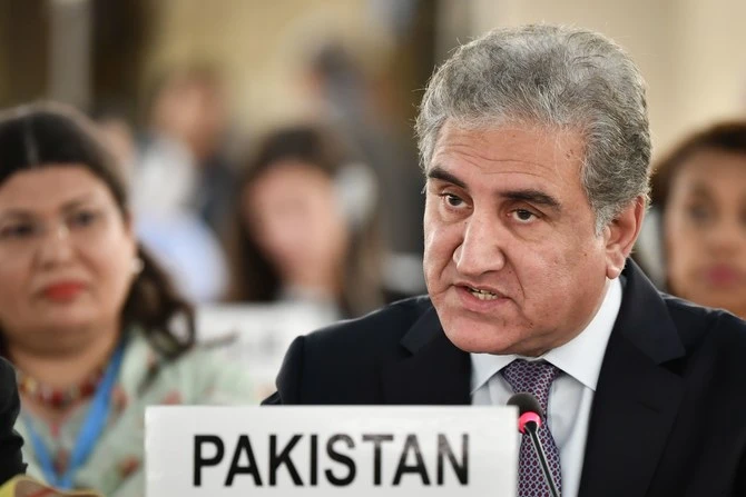Pakistani Foreign Minister Shah Mehmood Qureshi addresses the United Nations Human Rights Council on September 10, 2019 in Geneva. (AFP)