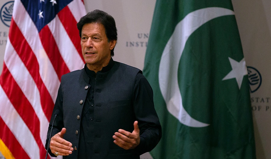 Pakistani Prime Minister Imran Khan speaks at the United States Institute of Peace (USIP) in Washington, DC, on July 23, 2019. AFP