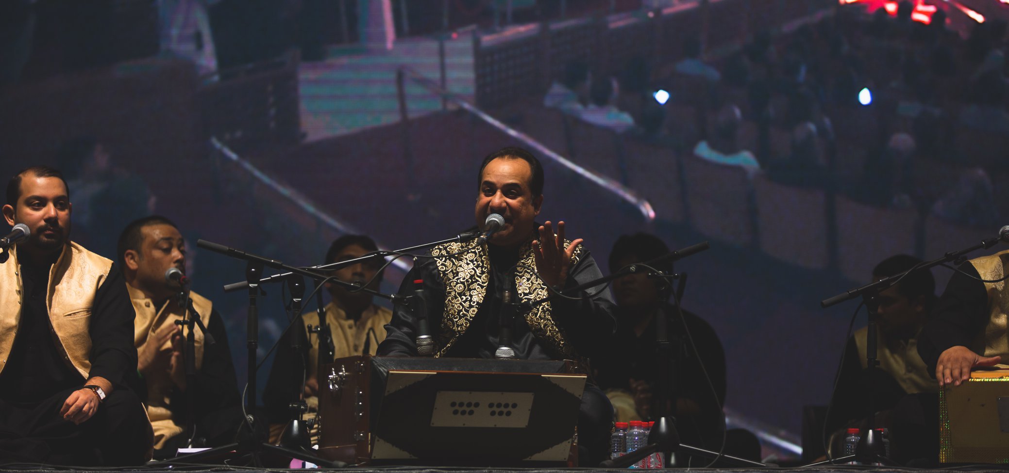 In this file photo, Pakistani singer Rahat Fateh Ali Khan, center, and his musicians perform at the King Fahd Cultural Center, Riyadh on Nov. 28, 2018. (AN photo by Syed Osama Imtiaz)