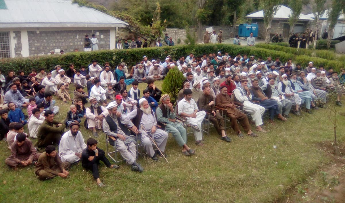 Businessmen and local elders attend a ceremony as authorities in Chitral, the country’s northernmost district in the Khyber Pakhtunkhwa province, made arrangements to open two transit trade routes with Afghanistan on Tuesday. Picture taken on October 6, 2019. (Photo Courtesy: Chitral Chamber of Commerce and Industry)