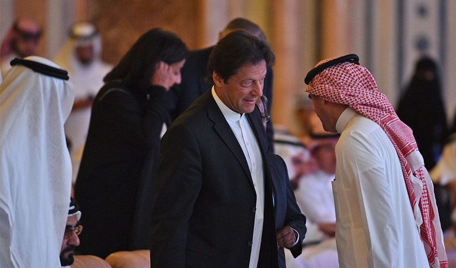 Pakistani Prime Minister Imran Khan arrives to attend the opening ceremony of the Future Investment Initiative in Riyadh on Tuesday, October 23. (AFP)