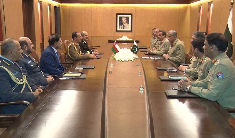 Pakistan army chief, General Qamar Javed Bajwa, met with the Chief of Staff of Sultan’s Armed Forces of Oman, Lt. Gen. Ahmed Bin Harith Al-Nabhani, at the General Head Quarters (GHQ) in Rawalpindi on Tuesday. (Screen-grab from ISPR video)