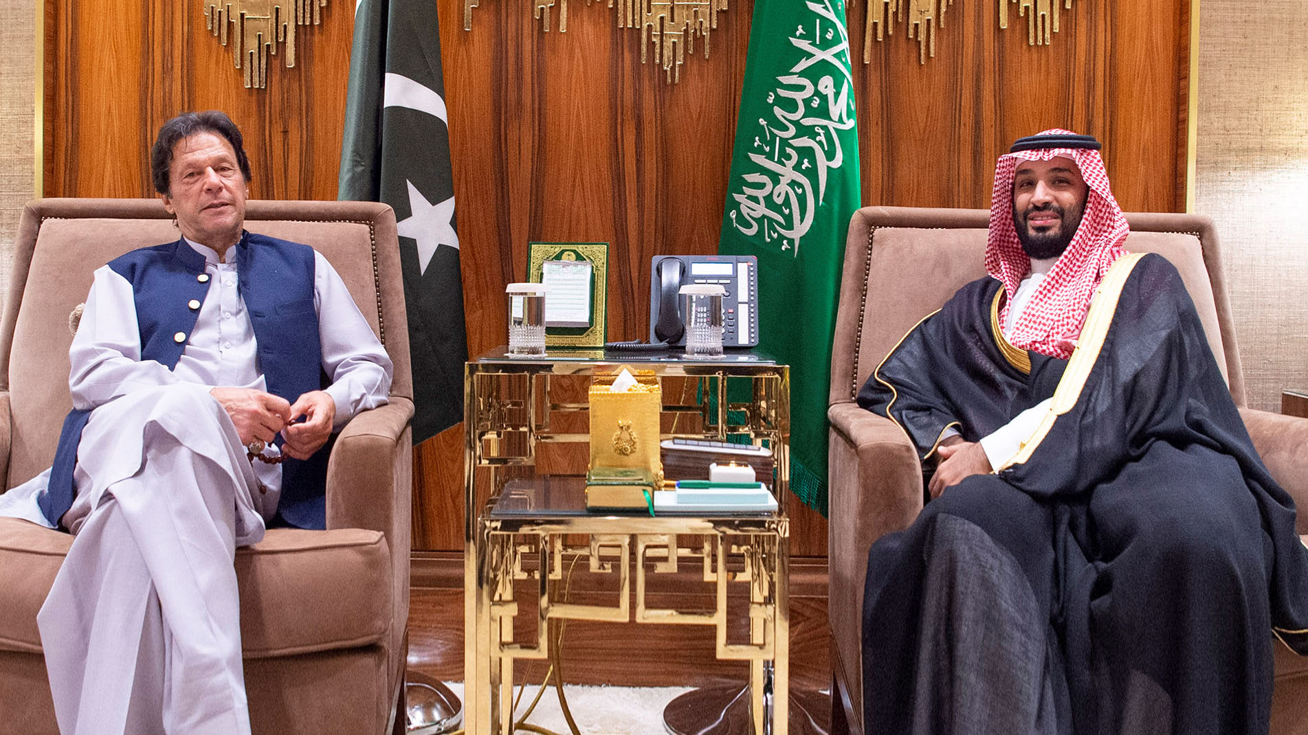 Prime Minister Imran Khan, left, with Saudi Crown Prince Mohammed Bin Salman in Riyadh on Oct. 15, 2019. (SPA)