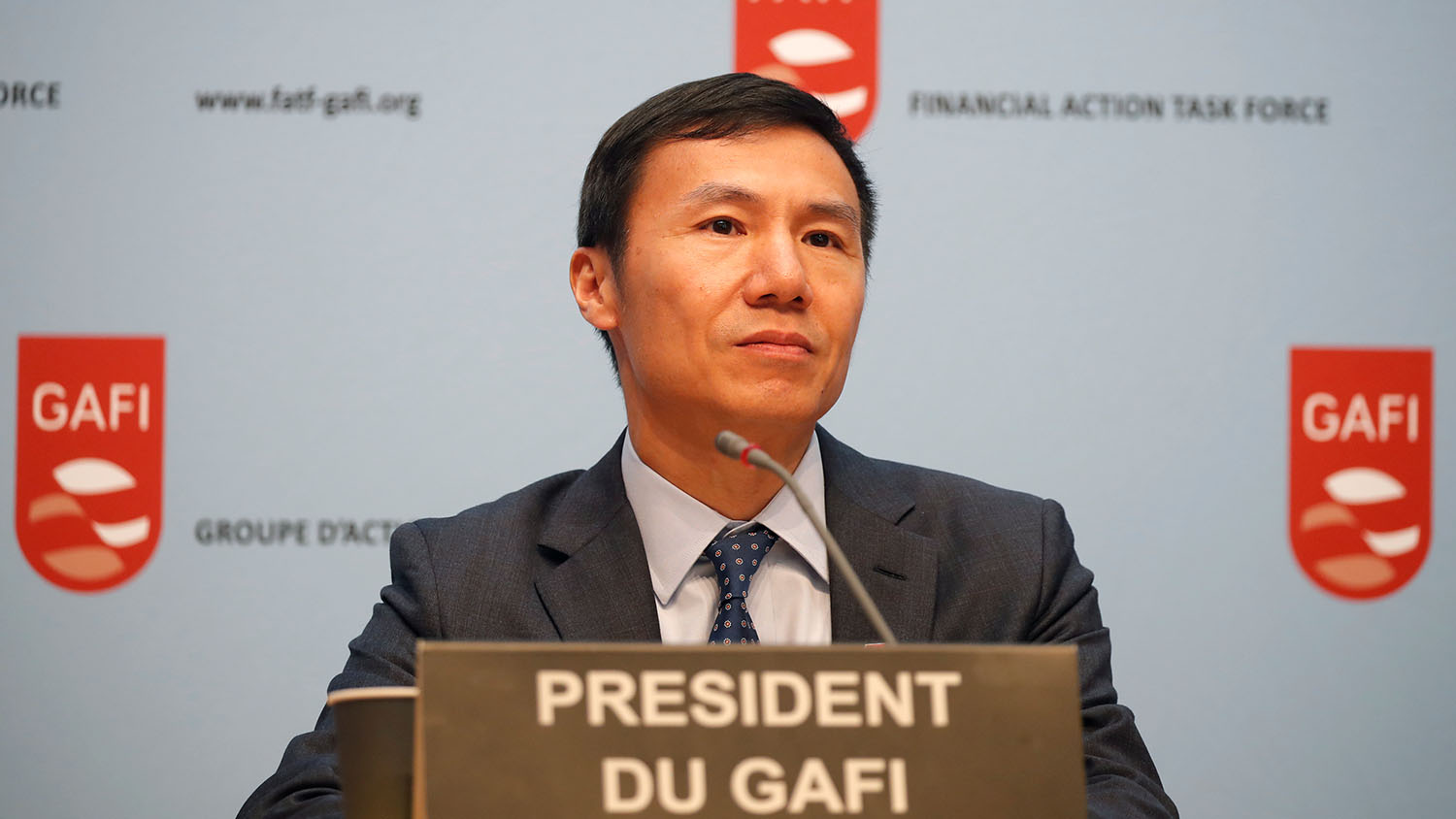 FATF (the Financial Action Task Force) President Xiangmin Liu will attends a news conference after a plenary session at the OECD Headquarters in Paris, France, on Oct. 18, 2019. (REUTERS)