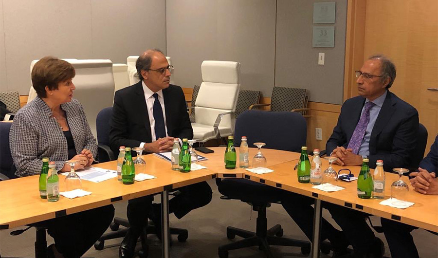 A delegation led by IMF Managing Director Kristalina Georgieva met Adviser to the Prime Minister on Finance and Revenue Dr. Abdul Hafeez Shaikh on Monday Oct 21, 2019 in Islamabad (Photo Courtesy: Ministry of Finance Twitter)