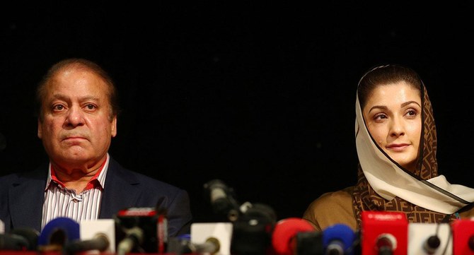 Ousted Prime Minister of Pakistan, Nawaz Sharif, appears with his daughter, Maryam, at a news conference in London on July 11, 2018. (Reuters)
