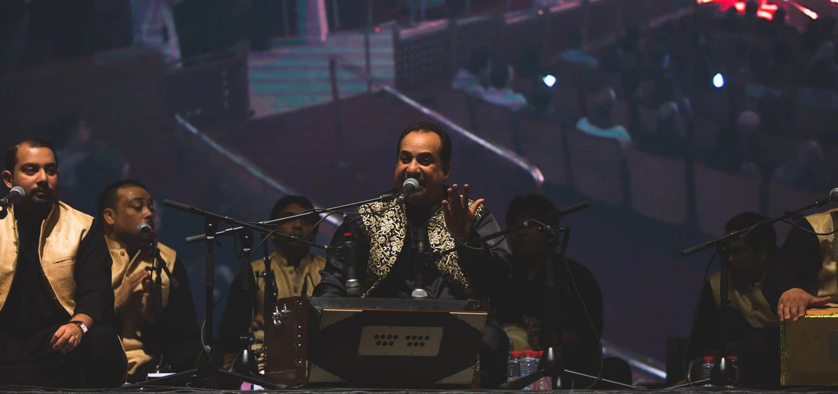 In this file photo, Pakistani singer Rahat Fateh Ali Khan, center, and his musicians perform at the King Fahd Cultural Center, Riyadh on Nov. 28, 2018. (AN photo by Syed Osama Imtiaz)