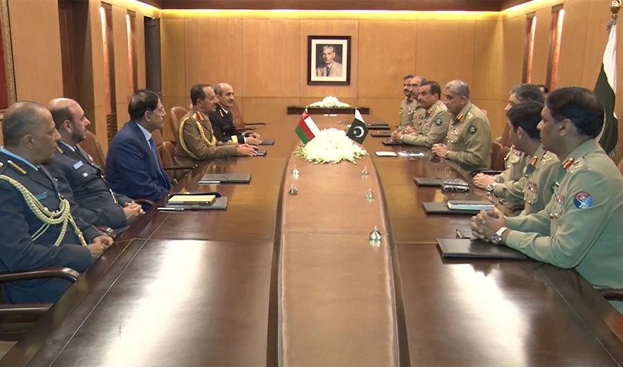 Pakistan army chief, General Qamar Javed Bajwa, met with the Chief of Staff of Sultan’s Armed Forces of Oman, Lt. Gen. Ahmed Bin Harith Al-Nabhani, at the General Head Quarters (GHQ) in Rawalpindi on Tuesday. (Screen-grab from ISPR video)