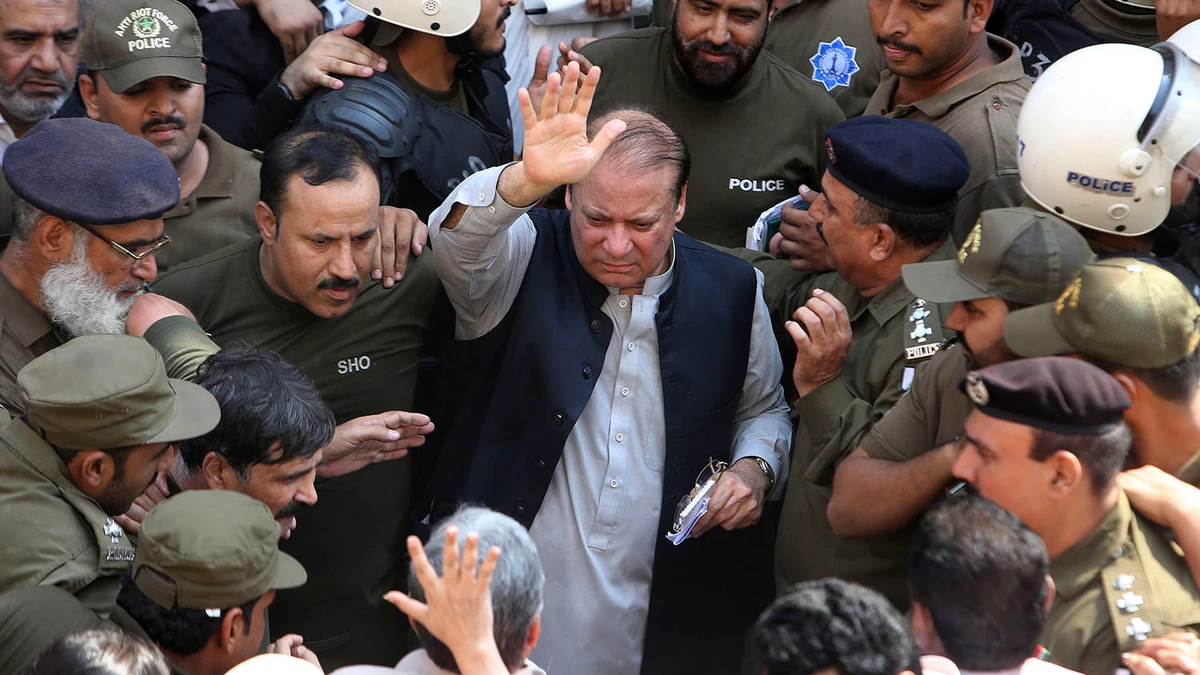 Police escort jailed former Pakistani prime minister Nawaz Sharif, center, as he leaves the accountability court in Lahore on Oct. 11, 2019. (AFP)