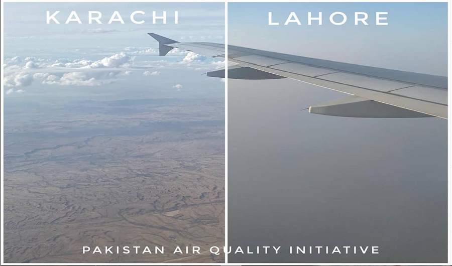 Actor Daniyal Raheel shares an image contrasting the air outside a plane window in Karachi and Lahore to show the alarming difference in the two cities. 31st October, 2019. (Via Daniyal Raheel Instagram)