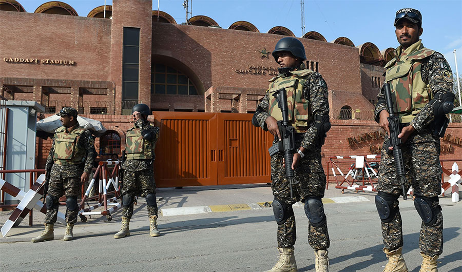In this file photo, Pakistani soldiers patrol outside the Gaddafi Cricket Stadium in Lahore, ahead of the final cricket match of the Pakistan Super League (PSL), on March 1, 2017. (AFP)